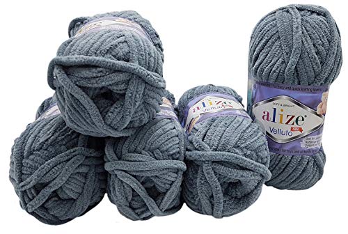 5 x 100 Gramm Alize Velluto Strickwolle, Babywolle, 500 Gramm Wolle Super soft Bulky (dunkelgrau 87) von Velluto