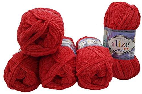 5 x 100 Gramm Alize Velluto Strickwolle, Babywolle, 500 Gramm Wolle Super soft Bulky (rot 56) von Velluto