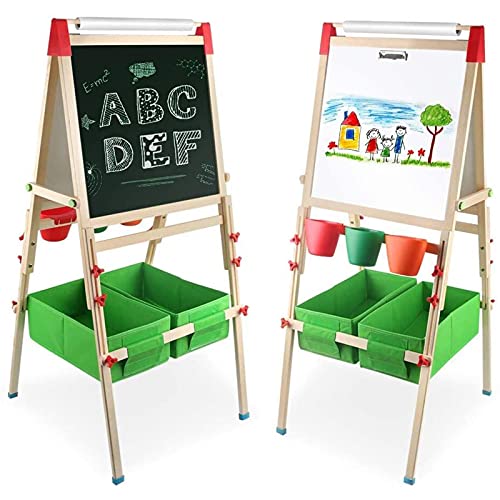 Veluoess 4 in 1 Kinder Staffelei aus Holz,Doppelseitige Staffelei für Malerei Tafel und Weiße Tafel,Kindertafel mit Papierrolle und Zubehör,Lernspielzeug Pädagogische Geschenke für Jungen und Mädchen von Veluoess