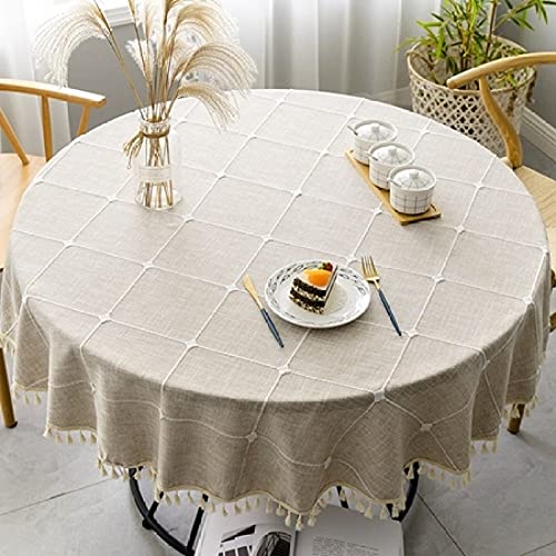 Venus-David Plaid Cotton Leinen Runde Tischdecke Hochzeit Hotel Bankett Stoff Indoor Esszimmer Küche Outdoor Party Geburtstag Dekoration, Beige, runder Durchmesser 130cm von Venus-David