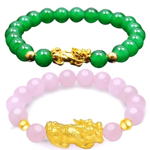 Naturstein Perlen Armbänder 2 Stück Pixiu Wealth Luck Perlen Armbänder Feng Shui Armbänder Elastische Armbänder für Männer Frauen von Vepoty