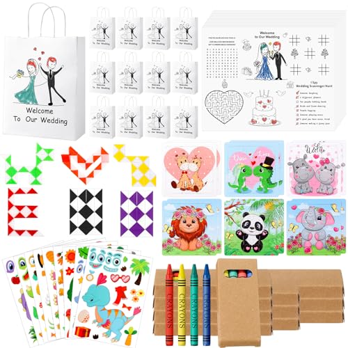 VercanMonth 12-teiliges Set für Hochzeitsaktivitäten, enthält 12 Malsets mit Buntstiften, 12 Puzzles, 12 Tier-Aufkleber, 12 Hochzeitsgeschenktüten und 12 Schlangenwürfel für Jungen und Mädchen, von VercanMonth