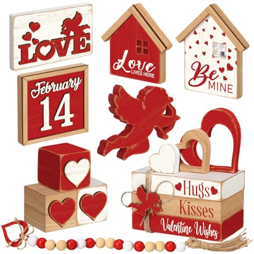 Vercraft 15 Stück Valentinstag abgestufte Tablett-Dekoration Vintage Liebe Amor Holzschild Valentinstag Tischdekorationen Rot Weiß Be Mine Haus Holzblock Valentinstag Tafelaufsätze für Zuhause von Vercraft