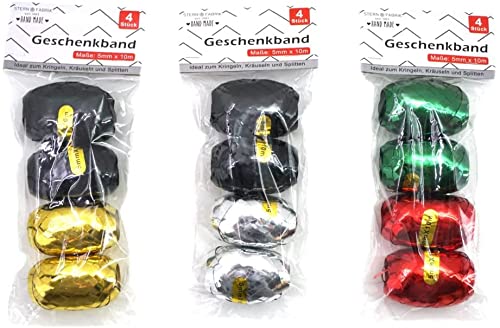 4 Stück Geschenkband Schleifen 5mmx10m metalic glänzend div Farben (schwarz-gold) von VerkGroup