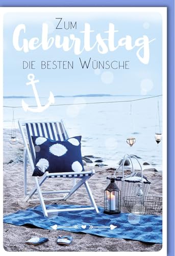 Geburtskarten Glückwunschkarten zur Geburt Klappkarte mit Strandmotiv Anker Liegestuhl Laterne und Kerzen im Hintergrund mit Umschlag von Verlag Dominique