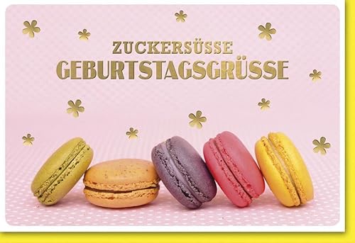 Geburtstagskarte 90 Jahre Zucker süße Geburtstagsgrüße mit bunten Macarons und goldenen Blumen auf rosa Hintergrund Klappkarte für Frauen und Männer mit Umschlag von Verlag Dominique