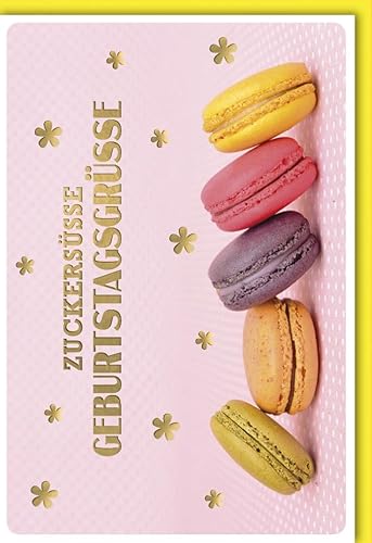 Geburtstagskarte 90 Jahre Zucker süße Geburtstagsgrüße mit bunten Macarons und goldenen Blumen auf rosa Hintergrund Klappkarte für Frauen und Männer mit Umschlag von Verlag Dominique