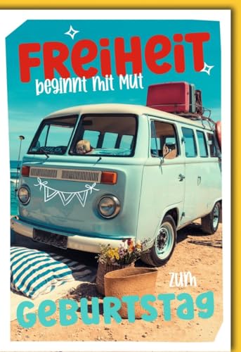 Verlag Dominique Geburtskarten Glückwunschkarten zur Geburt Doppelkarte Freiheit beginnt mit Mut zum Geburtstag Motiv VW Bus am Strand mit Blumen und Koffer in bunten Farben mit Umschlag von Verlag Dominique