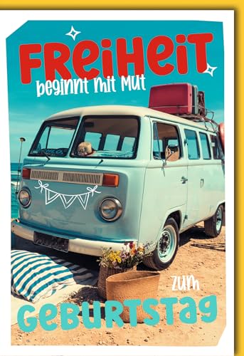 Verlag Dominique Geburtskarten Glückwunschkarten zur Geburt Doppelkarte Freiheit beginnt mit Mut zum Geburtstag Motiv VW Bus am Strand mit Blumen und Koffer in bunten Farben mit Umschlag von Verlag Dominique