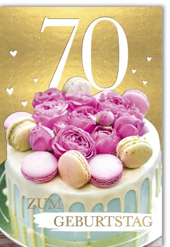 Verlag Dominique Geburtskarten Glückwunschkarten zur Geburt Doppelkarte mit goldener 70 Torte mit rosa Blumen und Macarons Herzen auf goldenem Hintergrund zum Geburtstag mit Umschlag von Verlag Dominique