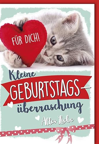 Verlag Dominique Geburtskarten Glückwunschkarten zur Geburt Doppelkarte mit niedlichem Katzenmotiv rotem Herz und Schriftzug Für Dich Kleine Geburtstagsüberraschung Alles Liebe mit Umschlag von Verlag Dominique