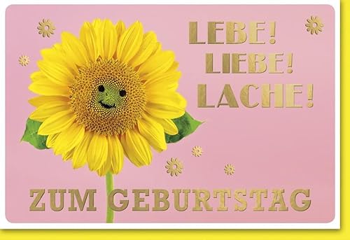 Verlag Dominique Geburtstagskarte Doppelkarte mit Sonnenblume und Schriftzug Lebe Liebe Lache in Gold auf rosa Hintergrund mit Umschlag von Verlag Dominique