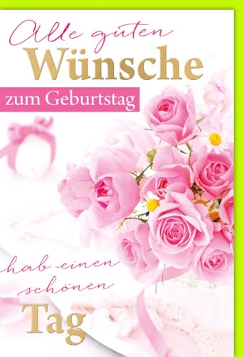 Verlag Dominique Geburtstagskarte Doppelkarte mit rosa Rosen und Schleifen alle guten Wünsche zum Geburtstag hab einen schönen Tag mit Umschlag von Verlag Dominique