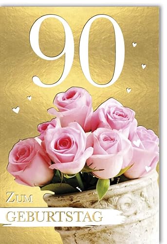 Verlag Dominique Geburtstagskarten Glückwunschkarten Geburtstag Doppelkarte 90 Jahre mit rosa Rosen und goldener Hintergrund Herzen Zum Geburtstag Schriftzug mit Umschlag von Verlag Dominique