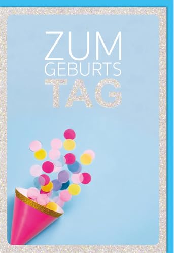 Verlag Dominique Geburtstagskarten Glückwunschkarten Geburtstag Doppelkarte mit Konfetti Design und Schriftzug Zum Geburtstag Glitzerrahmen auf blauem Hintergrund mit Umschlag von Verlag Dominique