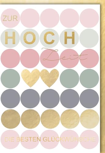 Verlag Dominique Hochzeitskarten Glückwunschkarten Hochzeit Doppelkarte mit goldenen Herzen und Kreisen zur Hochzeit die besten Glückwünsche in Goldschrift auf weißem Hintergrund mit Umschlag von Verlag Dominique