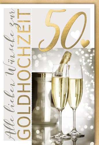 Verlag Dominique Hochzeitskarten Glückwunschkarten goldene Hochzeit Doppelkarte 50 Jahre mit Sektgläsern und Herzmotiv alle lieben Wünsche zur Goldhochzeit mit Umschlag von Verlag Dominique