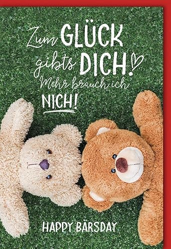 Verlag Dominique Weihnachtskarten Weihnachtsgrußkarten Doppelkarte mit zwei Teddybären auf grünem Hintergrund und Schriftzug Zum Glück gibts dich Mehr brauch ich nich Happy Barsday mit Umschlag von Verlag Dominique