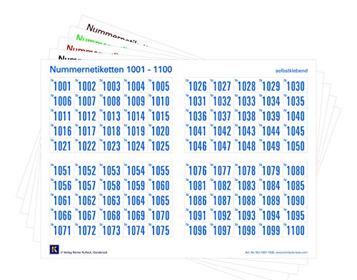 1000er-Set Nummernetiketten selbstklebend, Zahlen zum Aufkleben, wasserfest, wetterfest, UV-beständig (Nr. 1001-2000) von Verlag Reiner Kullack