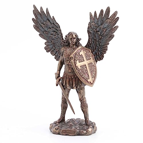 Veronese Design Heiliger Michael Erzengel mit Kampfschild und Schwert, kaltes Gießharz, Antik-Bronze-Finish, 27,9 cm von Veronese Design