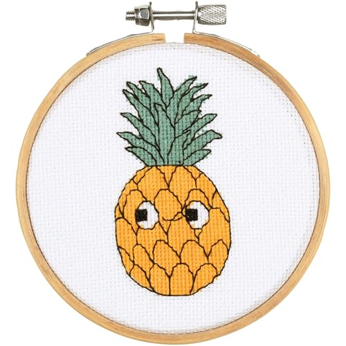 VERVACO Gezählter Kreuzstich Stickpackungen DIY Stickbilder mit Stickrahmen Ananas Wanddekoration Handarbeit Set für Erwachsene Kreatives Handwerk ca. 10 x 10 cm Kreuzstichbilder Set Hausdeko von Vervaco