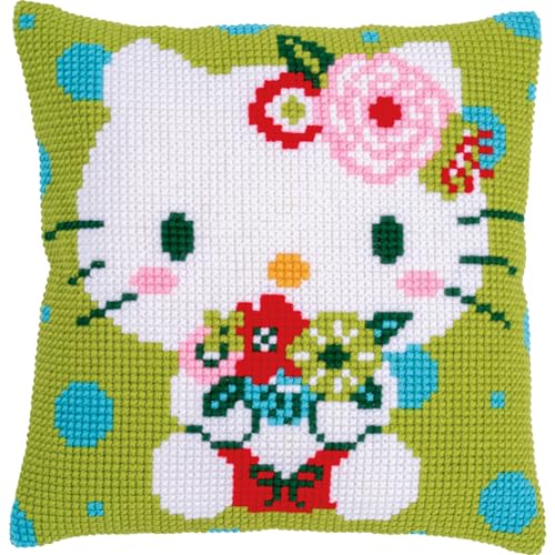 VERVACO Kreuzstich Stickpackungen Kissen Stickerei Set Anfänger Vorgedruckt Hello Kitty Green Floral DIY Set Kreativ Set Für Erwachseneca. 40 x 40 cm Bastelset Handwerker Haus Dekoration von Vervaco