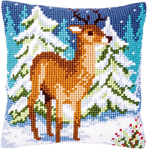 VERVACO Kreuzstich Stickpackungen Kissen Stickerei Set Anfänger Vorgedruckt Hirsch im Winter DIY Set Kreativ Set Für Erwachsene Dekoratives Kissen ca. 40 x 40 cm Bastelset Handwerker Haus Dekoration von Vervaco