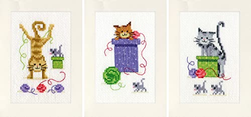 VERVACO Lesezeichen Kreuzstich Stickpackungen Gezählter Kreuzstich Verspielte Katzen 3er DIY Postkarten Set Erwachsene Sticken Bastelset ca. 10,5 x 15 cm Stickset für Anfänger Kreatives Geschenk von Vervaco