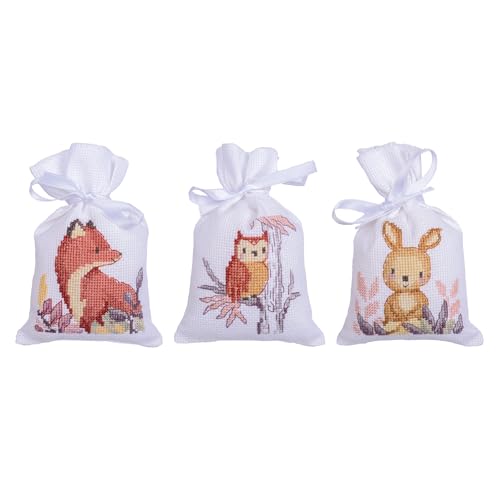 VERVACO Zählmusterpackung Stickset Säckchen Im Wald 3er DIY Gezählter Kreuzstich Stickpackungen Basteln Erwachsene Kreativ Set 8 x 12 cm Stickset für Anfänger Stoffbeutel zum Sticken von Vervaco