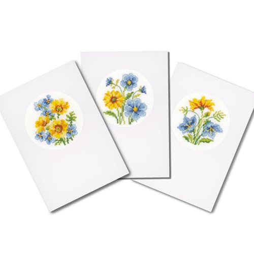 Vervaco Blumen, 3er Set, Zählmuster Zählmusterpackung Grußkarten, Baumwolle, Mehrfarbig, 10.5 x 15 x 0,3 cm, 3-Einheiten von Vervaco