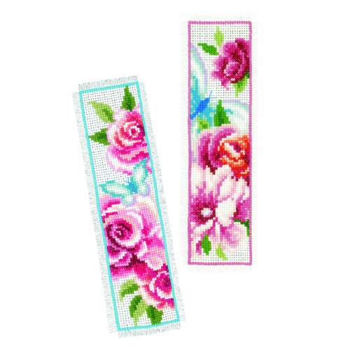 VERVACO Lesezeichen Kreuzstich Stickpackungen Gezählter Kreuzstich Blumen 2er DIY Set Erwachsene Sticken Lesen Zubehör Geschenk Zählmusterpackung ca. 6 x 20 cm Stickset für Anfänger von Vervaco