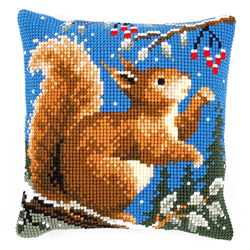 Vervaco Eichhörnchen im Winter Kreuzstichkissen, Stramin, Weiß, 40 x 40 x 0,3 cm von Vervaco