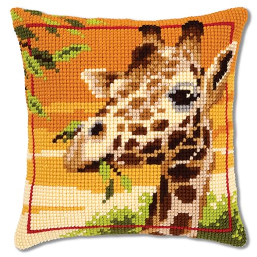 VERVACO Kreuzstich Stickpackungen Kissen Stickerei Set Anfänger Vorgedruckt Giraffe DIY Set Kreativ Set Für Erwachsene Dekoratives Kissen ca. 40 x 40 cm Bastelset Handwerker Haus Dekoration von Vervaco