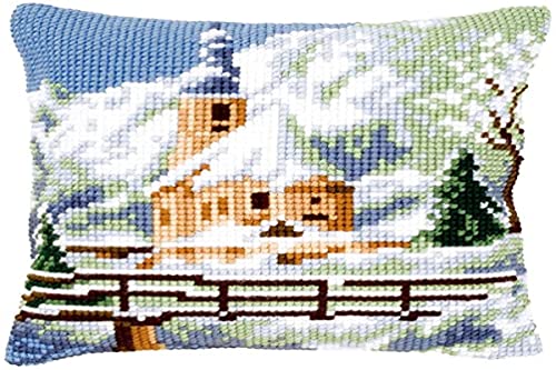 Vervaco Kirche im Schnee Kreuzstichkissen/Stickkissen vorgedruckt, Baumwolle, Mehrfarbig, 40 x 40 x 0.3 cm von Vervaco