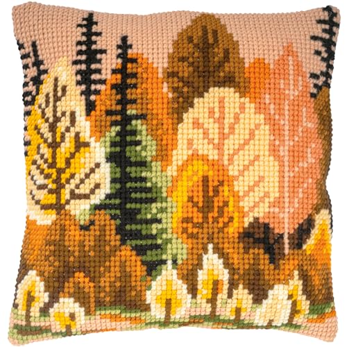 VERVACO Kreuzstich Stickpackungen Kissen Stickerei Set Anfänger Vorgedruckt Herbstwald DIY Set Kreativ Set Für Erwachsene Dekoratives Kissen ca. 40 x 40 cm Bastelset Handwerker Haus Dekoration von Vervaco