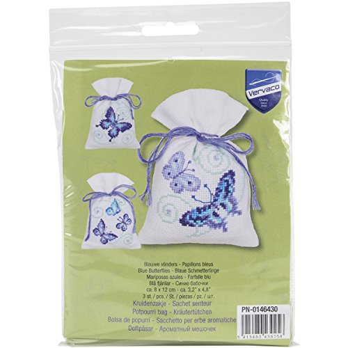 Vervaco Kräutertütchen Blaue Schmetterlinge, 3er Set Zählmusterpackung, Baumwolle, Mehrfarbig, 8 x 12 x 0.3 cm, 3-Einheiten von Vervaco