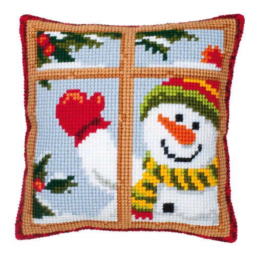 VERVACO Kreuzstich Stickpackungen Kissen Stickerei Set Anfänger Vorgedruckt Glücklicher Schneemann DIY Set Kreativ Set Für Erwachseneca. 40 x 40 cm Bastelset Handwerker Haus Dekoration von Vervaco