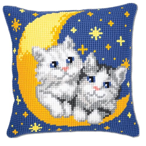 VERVACO Kreuzstich Stickpackungen Kissen Stickerei Set Anfänger Vorgedruckt Katzen auf dem Mond DIY Set Kreativ Set Für Erwachseneca. 40 x 40 cm Bastelset Handwerker Haus Dekoration von Vervaco