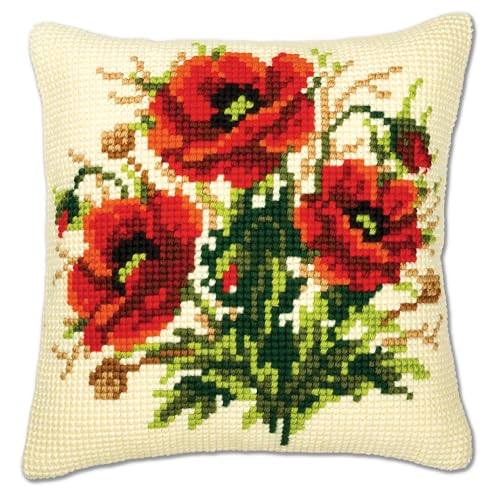 VERVACO Kreuzstich Stickpackungen Kissen Stickerei Set Anfänger Vorgedruckt Blumenstrauß aus Mohn DIY Set Kreativ Set Für Erwachseneca. 40 x 40 cm Bastelset Handwerker Haus Dekoration von Vervaco