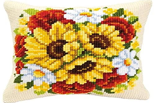 VERVACO Kreuzstich Stickpackungen Kissen Stickerei Set Anfänger Vorgedruckt Sonnenblumen und Mohn DIY Set Kreativ Set Für Erwachseneca. 40 x 40 cm Bastelset Handwerker Haus Dekoration von Vervaco