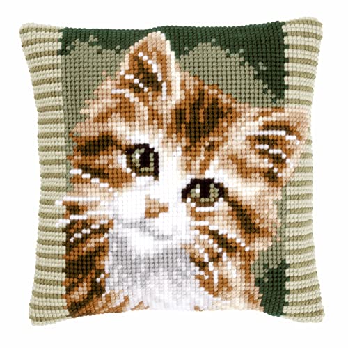 VERVACO Kreuzstich Stickpackungen Kissen Stickerei Set Anfänger Vorgedruckt Brauner Katze DIY Set Kreativ Set Für Erwachsene Dekoratives Kissen ca. 40 x 40 cm Bastelset Handwerker Haus Dekoration von Vervaco