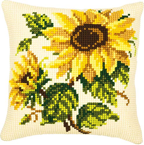 VERVACO Kreuzstich Stickpackungen Kissen Stickerei Set Anfänger Vorgedruckt Sonnenblumen DIY Set Kreativ Set Für Erwachsene Dekoratives Kissen ca. 40 x 40 cm Bastelset Handwerker Haus Dekoration von Vervaco