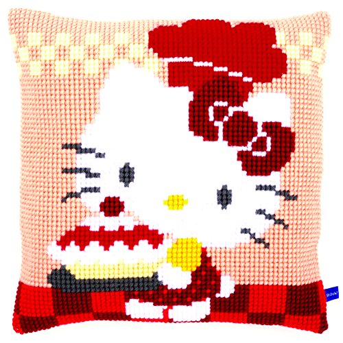 VERVACO Kreuzstich Stickpackungen Kissen Stickerei Set Anfänger Vorgedruckt Hello Kitty backe Kuchen DIY Set Kreativ Set Für Erwachseneca. 40 x 40 cm Bastelset Handwerker Haus Dekoration von Vervaco