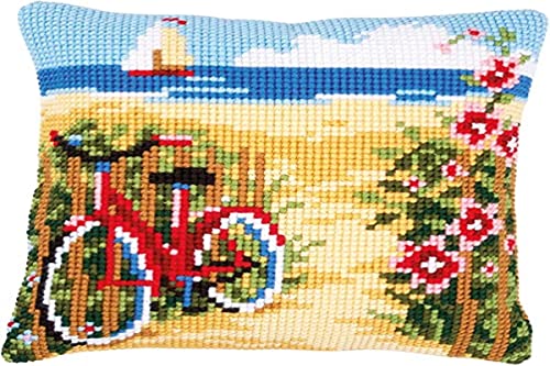 Vervaco Kreuzstichkissen Fahrrad am Strand, Stickbild vorgezeichnet Kreuzstichpackung Kissen, vorbezeichnet, Baumwolle, Mehrfarbig, 40 x 40 x 0,3 cm von Vervaco