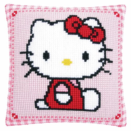 Vervaco Kreuzstichkissen Hello Kitty Kreuzstickpackung vorgedruckt, Stramin, weiß, 40 x 40 x 0,3 cm von Vervaco