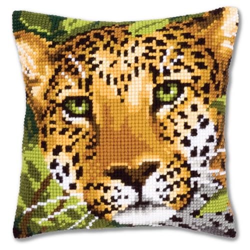 Vervaco Leopard Kreuzstichkissen/Stickkissen vorgedruckt, Baumwolle, Mehrfarbig, 40 x 40 x 0.3 cm von Vervaco