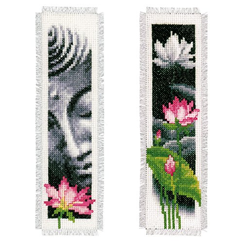 Vervaco Lesezeichen Buddha/Lotus Aida 2er Set Kreuzstickpackung zum Auszählen, weiß, 6 x 20 x 0,3 cm von Vervaco