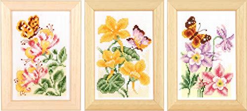 VERVACO Gezählter Kreuzstich Stickpackungen DIY Stickbilder Blumen 3er Wanddekoration Handarbeit Set für Erwachsene Zählmusterpackung ca. 8 x 12 cm Kreuzstichbilder Set Hausdeko von Vervaco