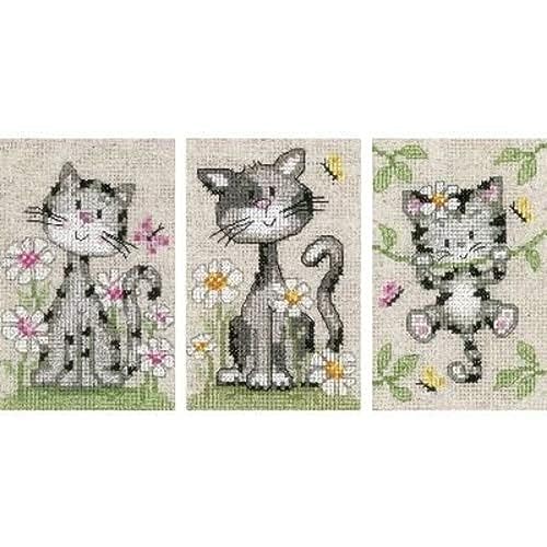 VERVACO Gezählter Kreuzstich Stickpackungen DIY Stickbilder Katzen mit Blumen 3er Wanddekoration Handarbeit Set für Erwachsene Zählmusterpackung ca. 8 x 12 cm Kreuzstichbilder Set Hausdeko von Vervaco