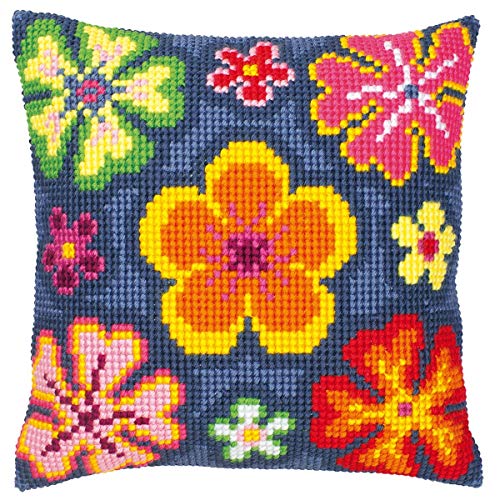 Vervaco Bright Flower Cross Stitch Kreuzstichkissen/Stickkissen inklusive Material, Leinen Acryl, Multi, 40 x 40 cm von Vervaco